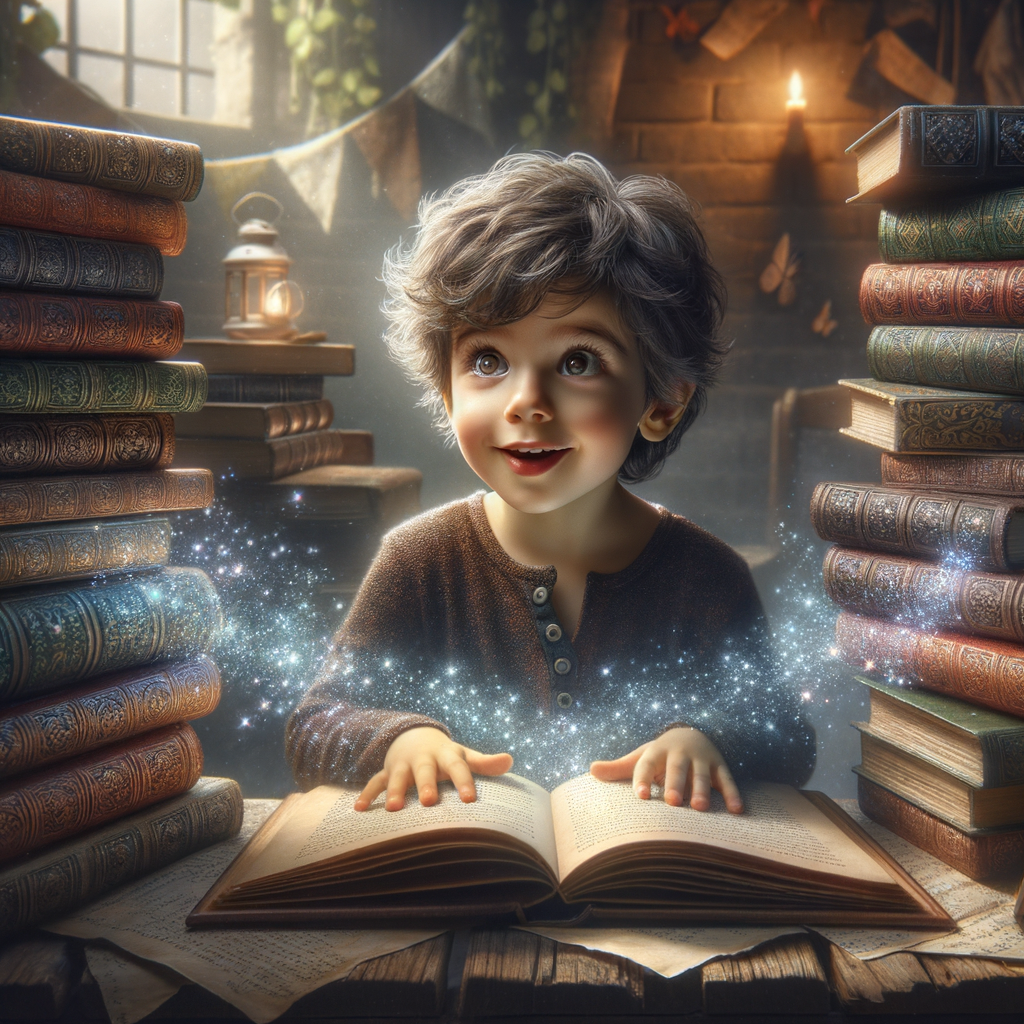 A child sitting at a desk, surrounded by books on fantasy, with a magical-looking notebook open before them