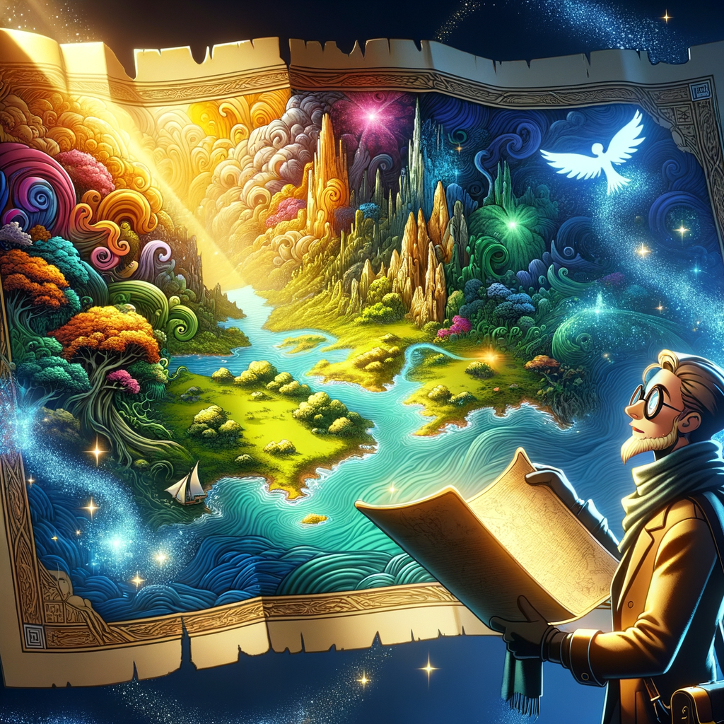 A colorful map of a fantasy land with labeled regions and landmarks