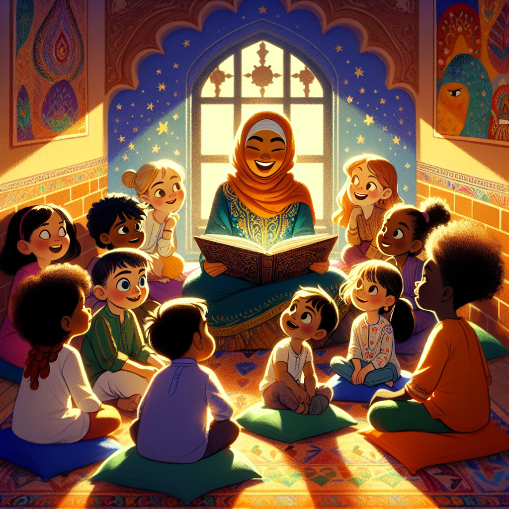 A group of children sitting in a circle, listening intently to a teacher reading a storybook, illustrating the engaging nature of storytelling.