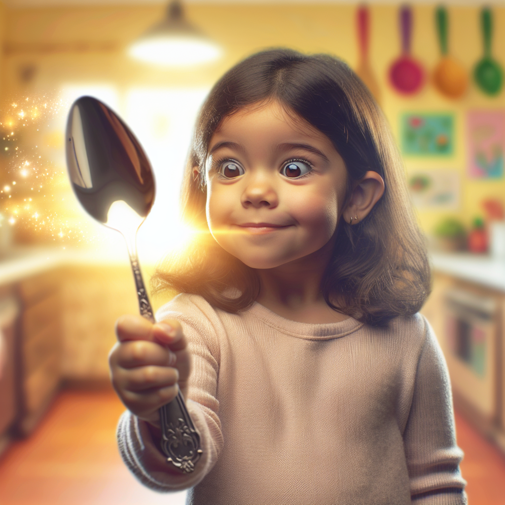 Child holding a spoon with a whimsical expression, as if imagining its magical powers