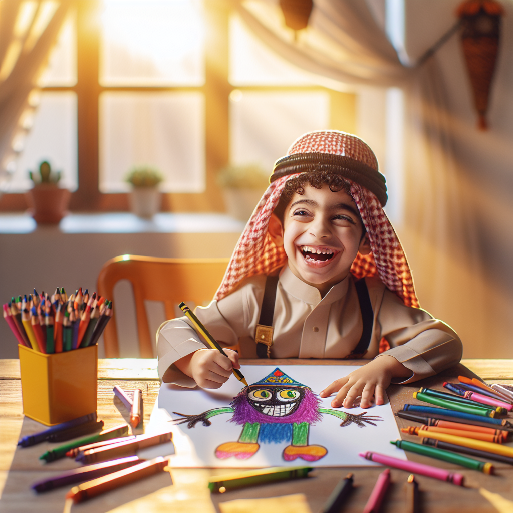 A child drawing a character with exaggerated features on paper
