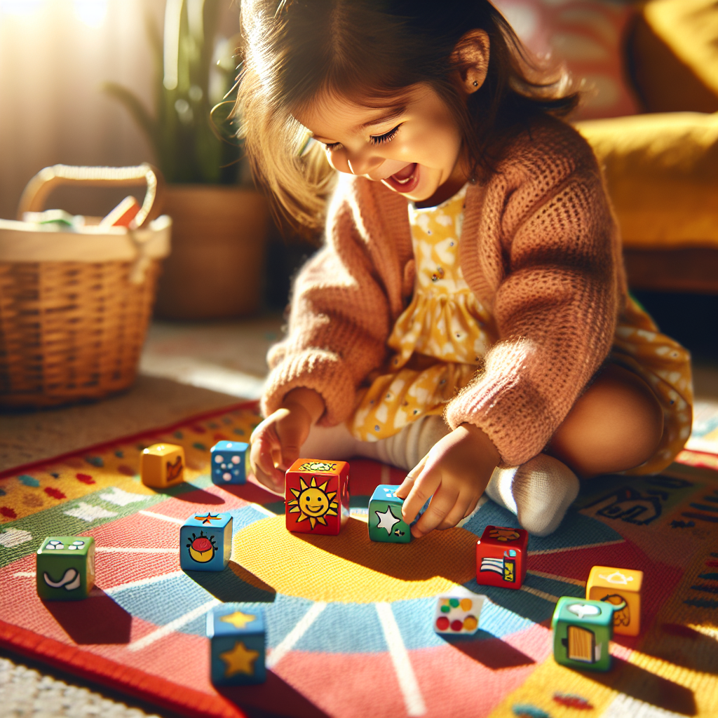 Child rolling colorful dice with various icons like a sun, book, and star