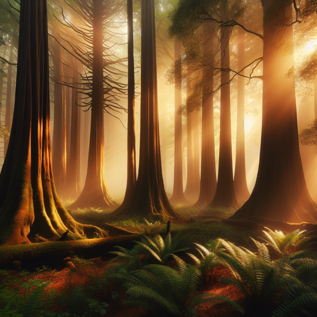 Mysterious photograph of a foggy forest with a glimpse of sunlight