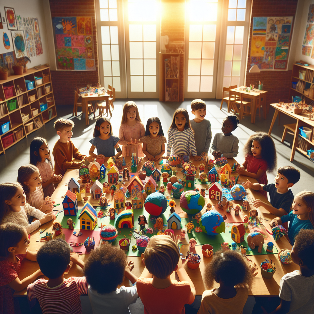 Children sharing their world-building projects with each other in a classroom setting