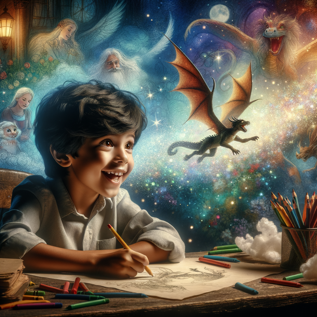 A colorful illustration of a child writing at a desk, surrounded by imaginative drawings of adventure scenes