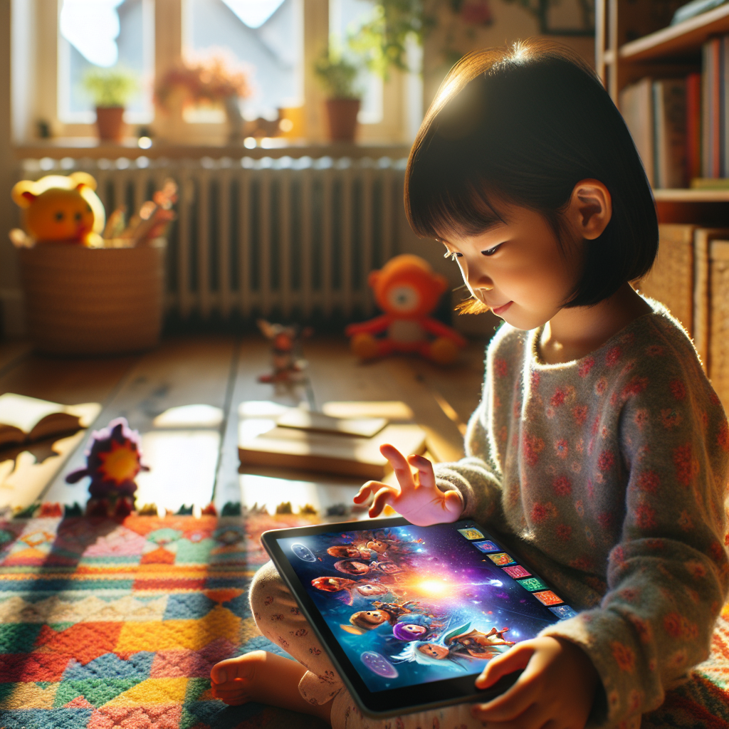 A child engaging with a tablet, using an AI tool to develop a story