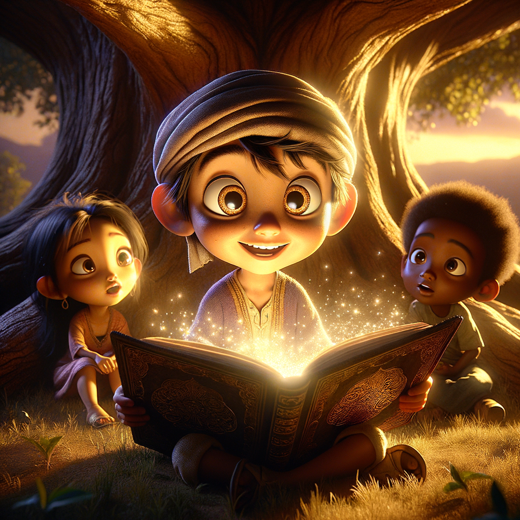 A child happily reading their adventure story to a group of friends.