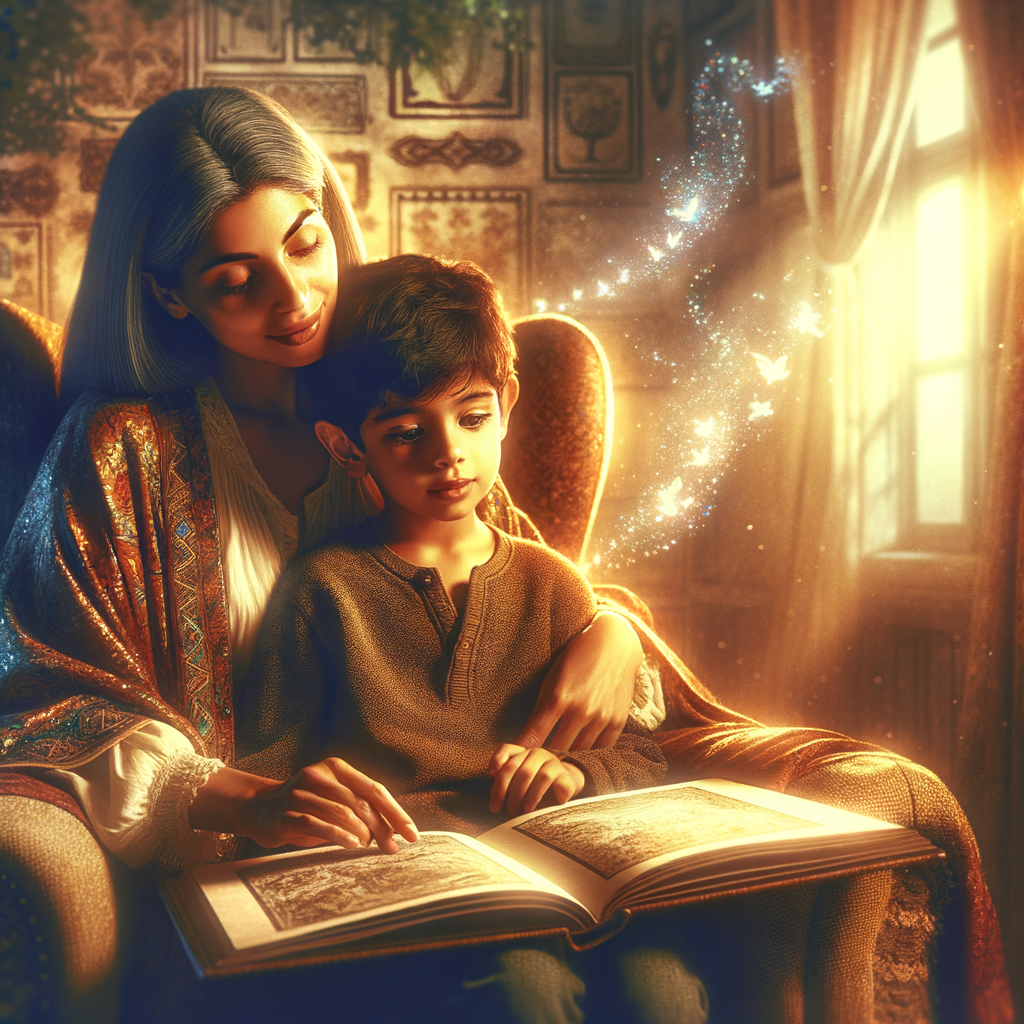 A young child reading a colorful picture book with a parent