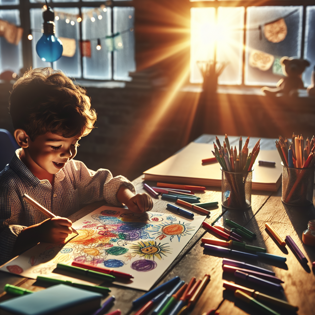 A young child drawing a storyboard with colorful illustrations and notes