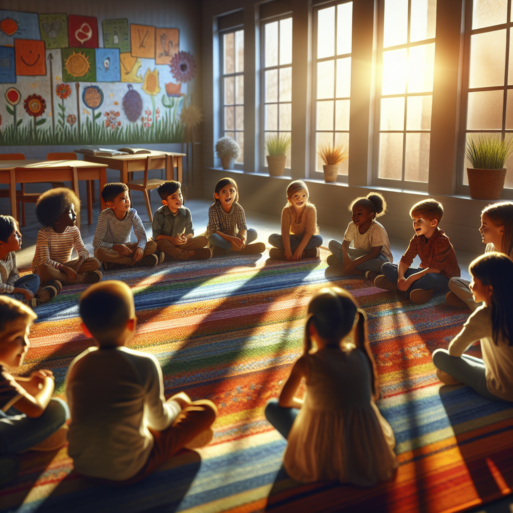 A group of children enthusiastically sharing their stories in a classroom setting