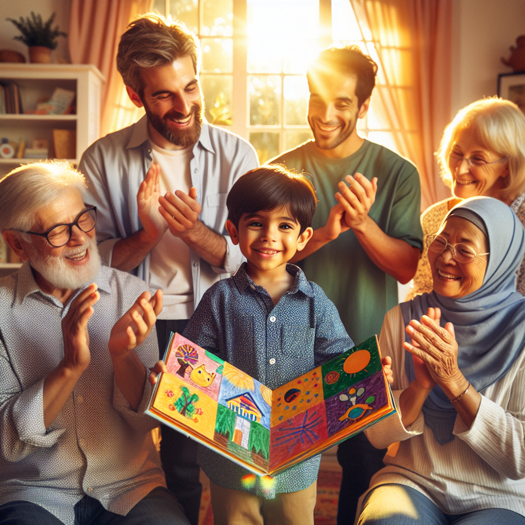 A child proudly holding a completed storybook, surrounded by supportive family members