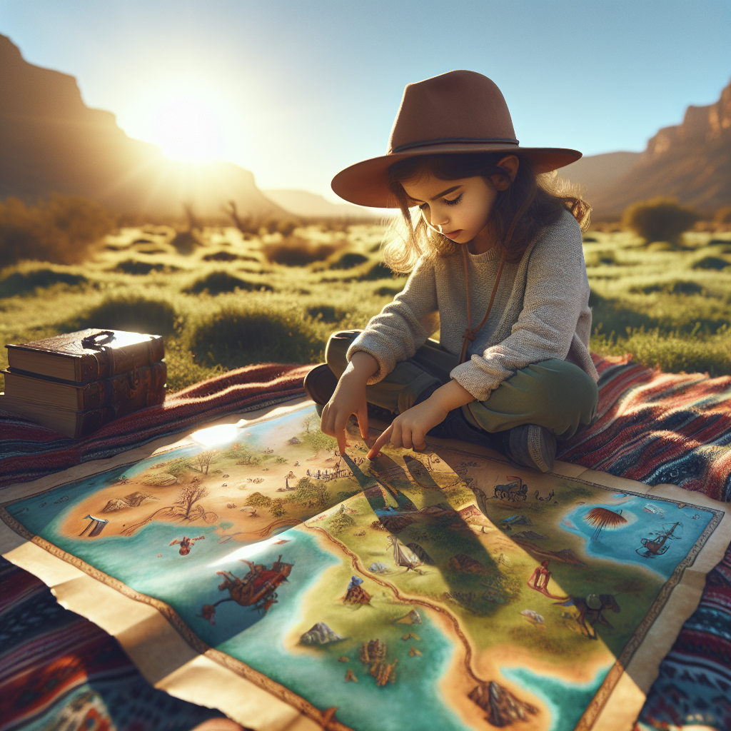 A child with an explorer hat looking at a treasure map