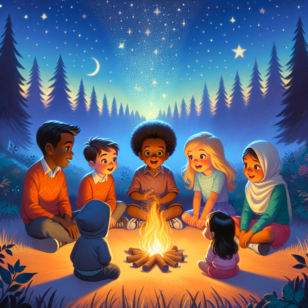 Children sitting around a campfire, listening to stories