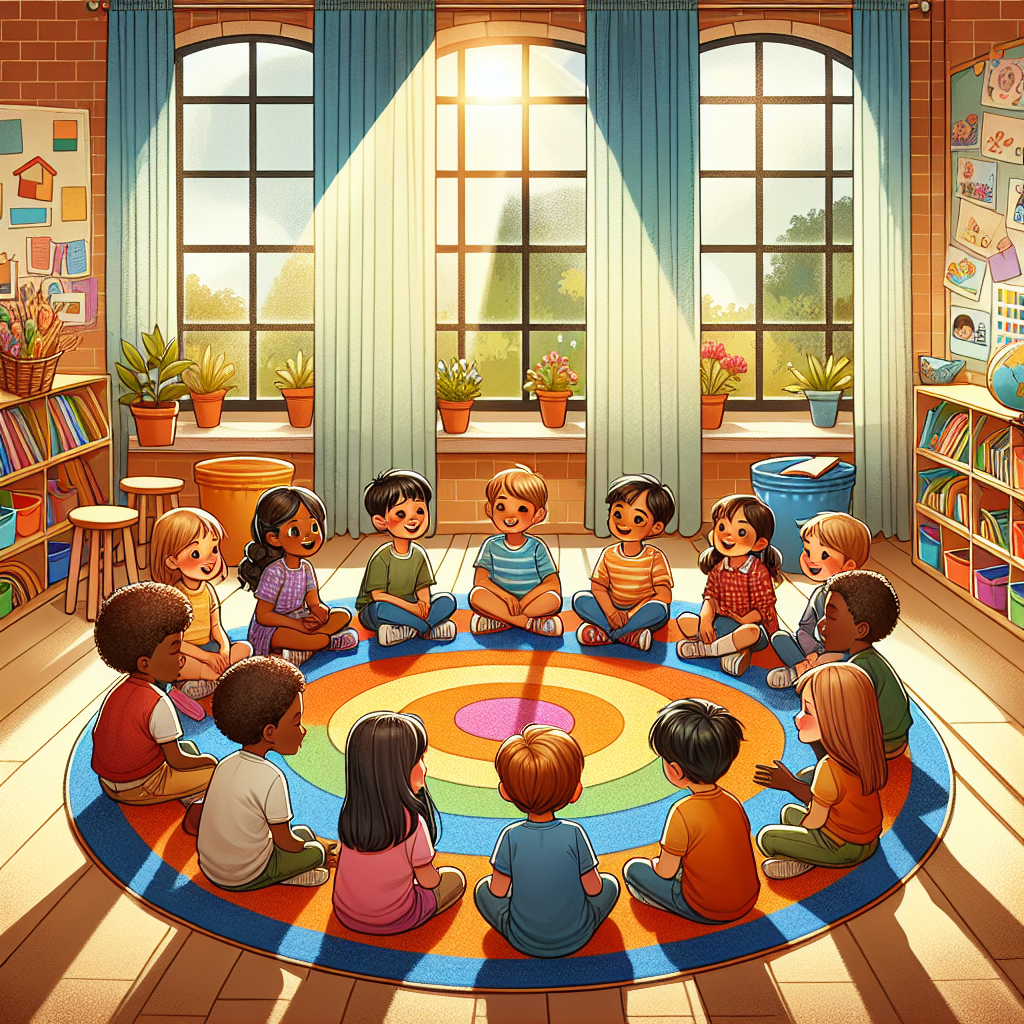 A group of children excitedly sharing their stories in a classroom setting
