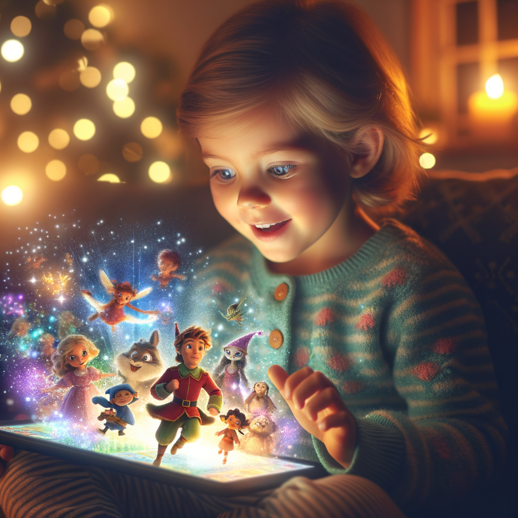 A child using a tablet with colorful animated characters on the screen, representing the Magical Stories app.