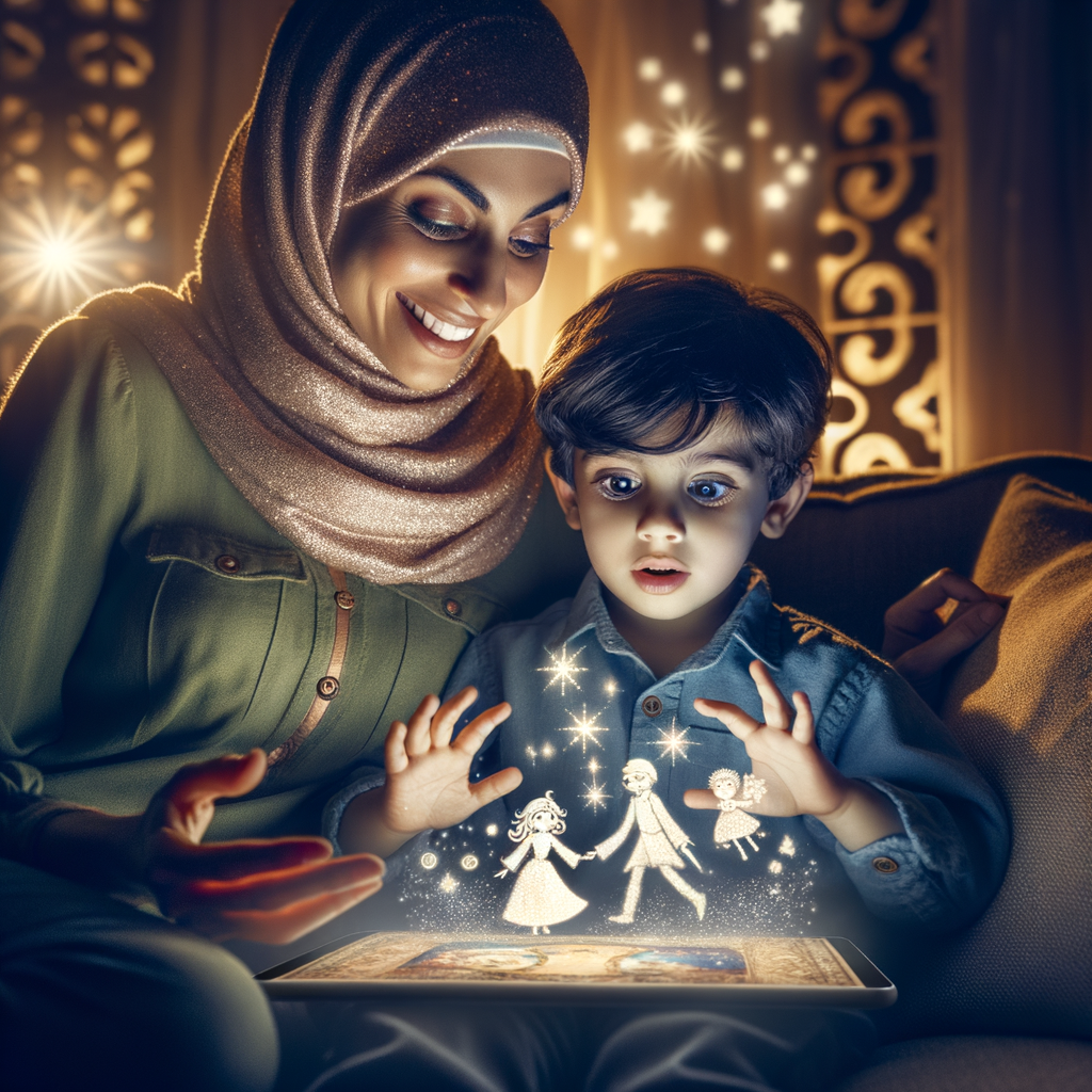 A family gathered around a tablet, smiling and interacting with a story on the Magical Stories app.