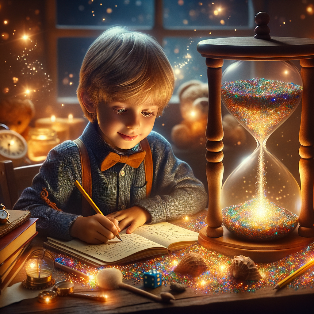 A young child writing enthusiastically with a timer in the background, emphasizing the 5-minute challenge aspect