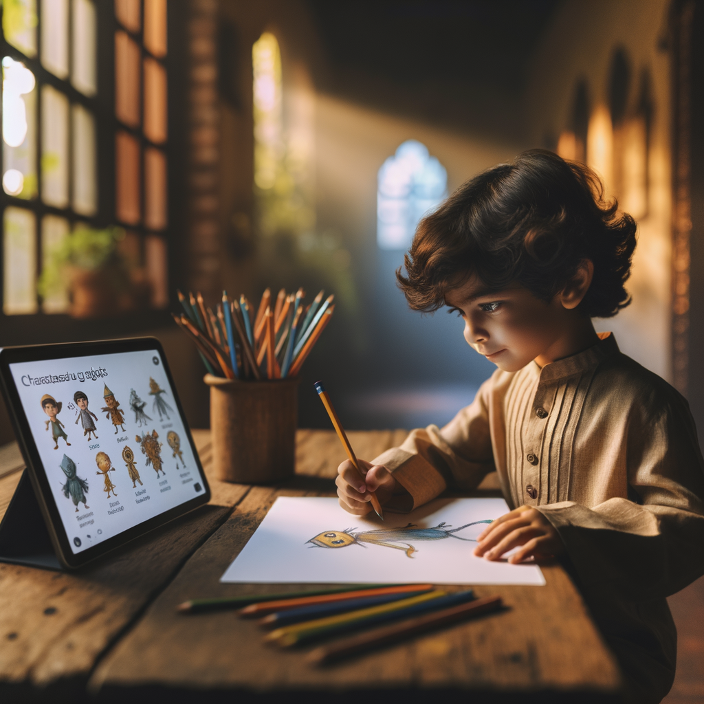 A child drawing a character on paper while referencing AI-suggested traits on a tablet.