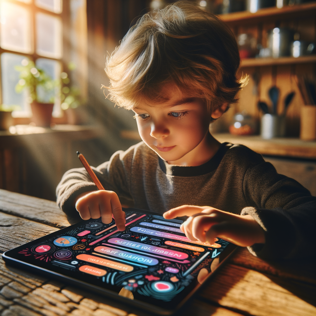 A child using a tablet with an AI writing assistant open, showing colorful prompts and suggestions.