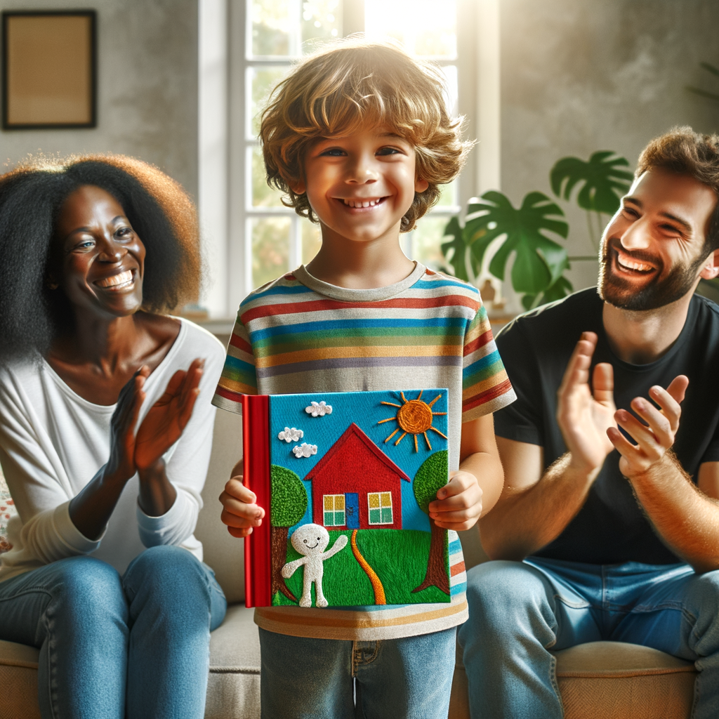 Happy child presenting their story to family members, showcasing a sense of accomplishment.