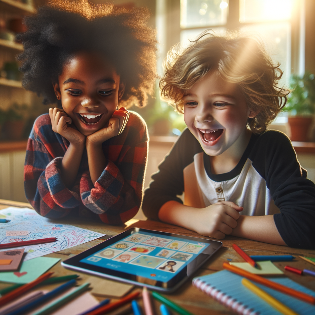 Children sitting around a table, discussing story ideas with a tablet in the center