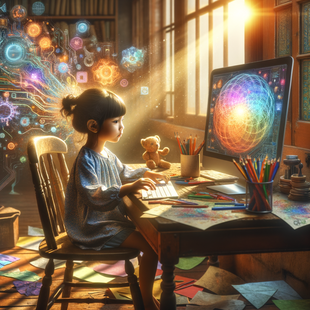 Illustration of a child using a computer with creative writing and AI elements around them