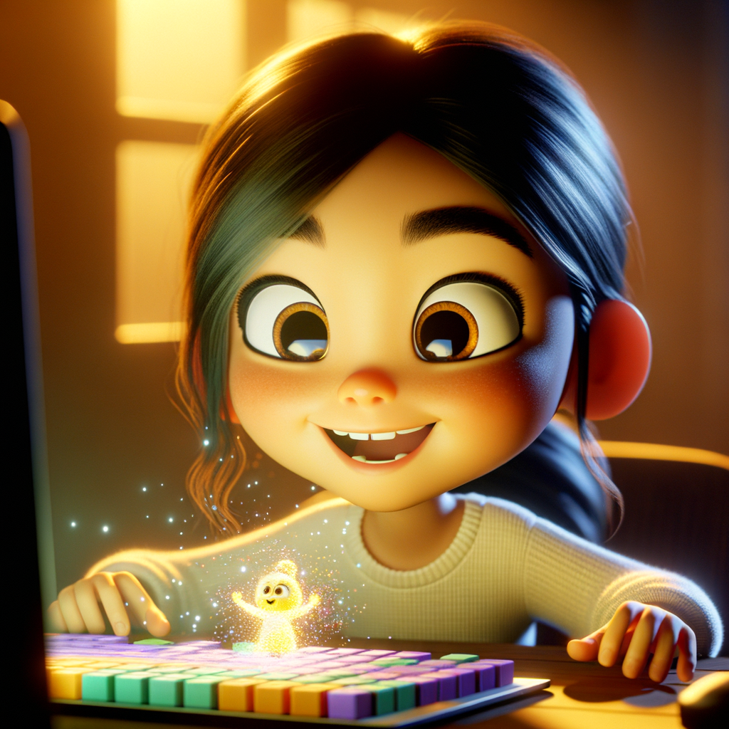 A child creating an animated story on Tynker, with coding blocks visible on the screen.