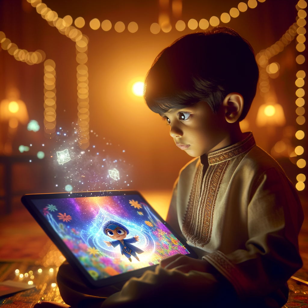 A child using Toontastic 3D to create a cartoon, with a colorful 3D character on screen.