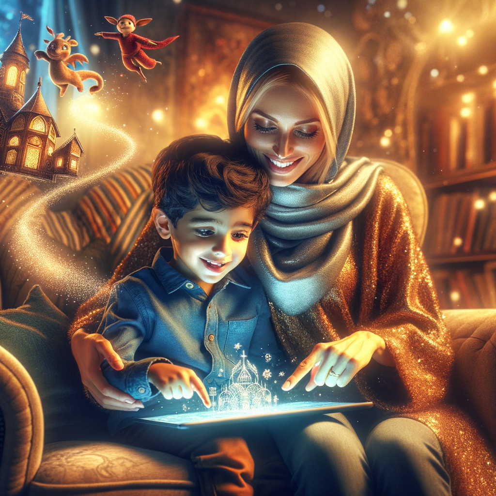 Children using Storybird on a tablet, surrounded by colorful illustrations.
