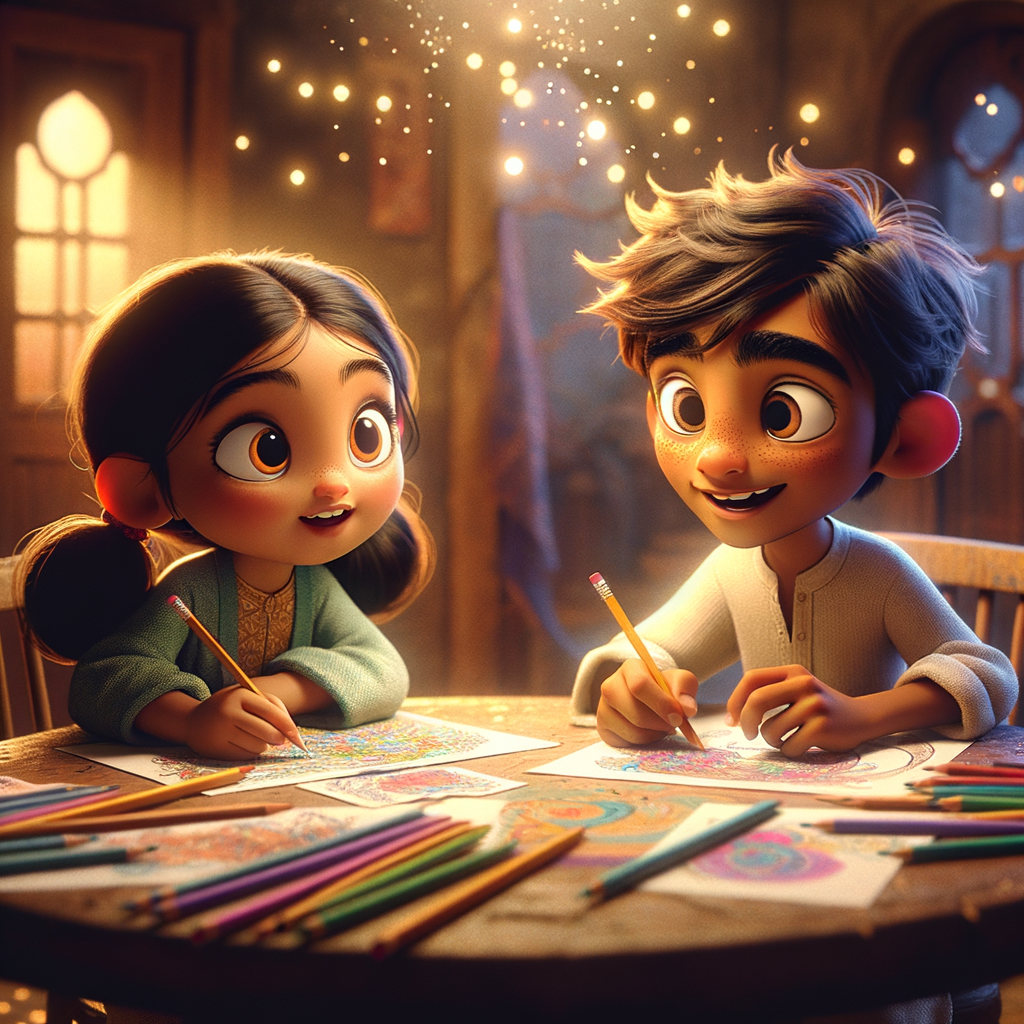 Children working on character development worksheets around a table