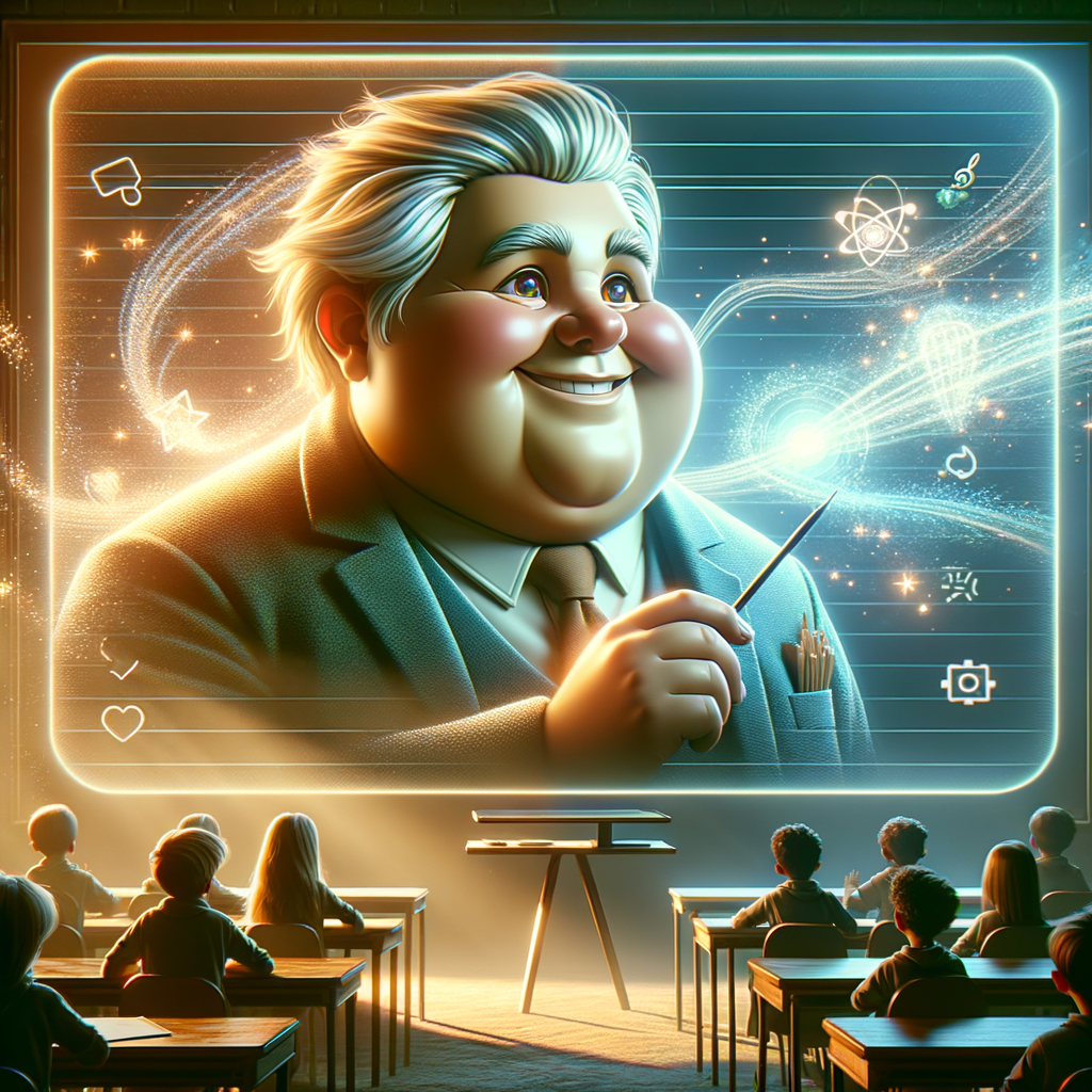 Illustration of a teacher using AI tools on a digital whiteboard in a classroom setting