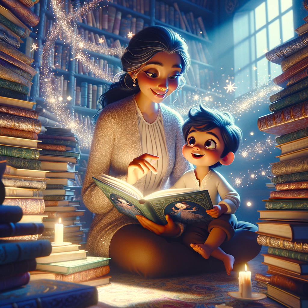 Parent and child reading together, surrounded by books