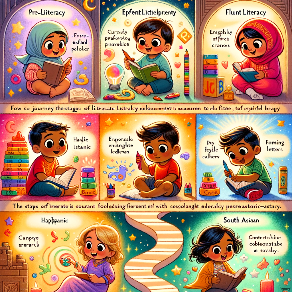 A flowchart illustrating the stages of literacy development from pre-literacy to fluent literacy