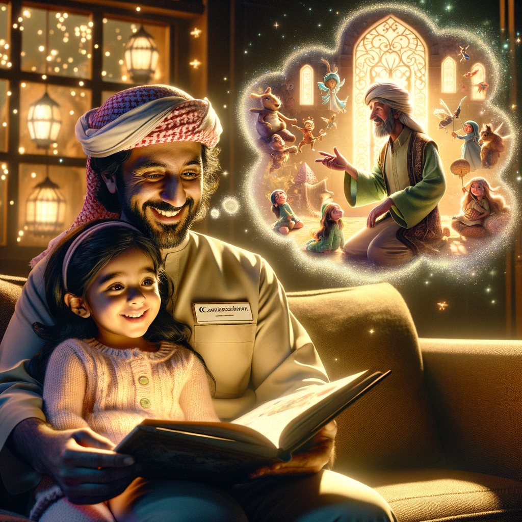 A parent and child reading together, with thought bubbles illustrating comprehension techniques like questioning and predicting