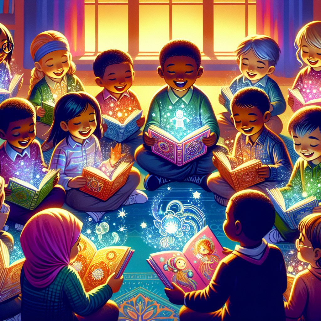 A group of children excitedly sharing their AI-enhanced stories with each other