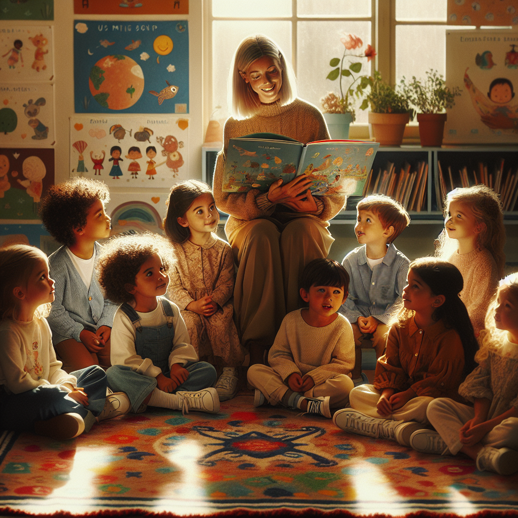 Children sitting in a circle, listening to a teacher reading a story