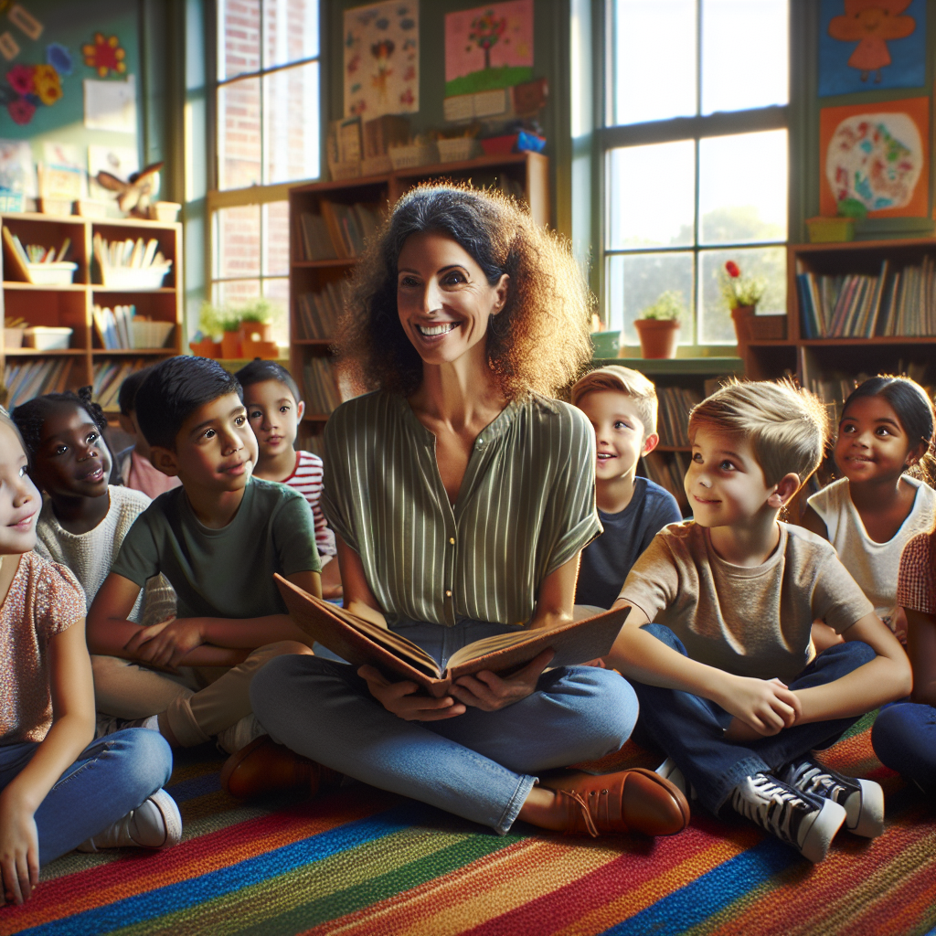 A teacher and children engaged in a storytelling session