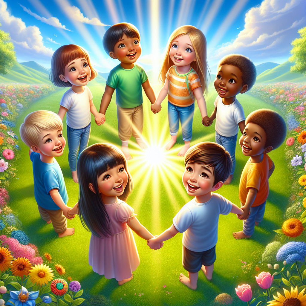 Group of children holding hands in a circle, smiling