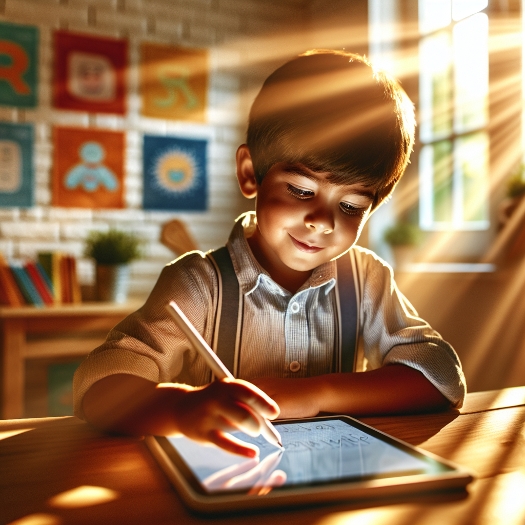 Child using AI writing tool on a tablet