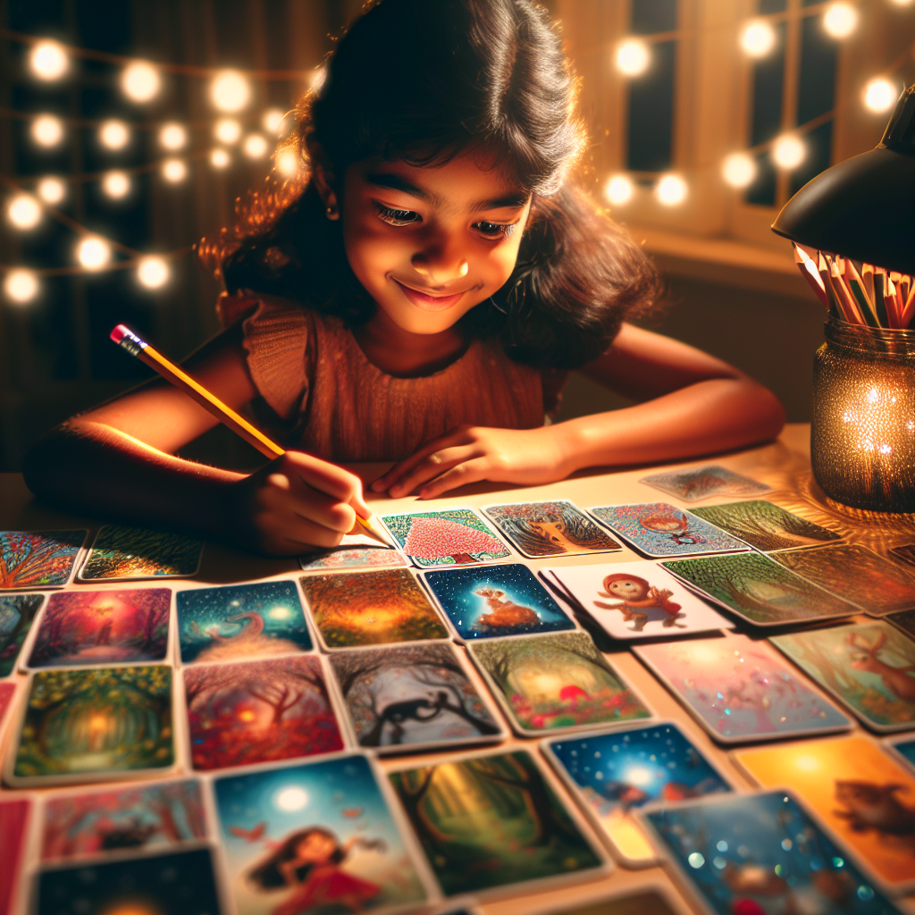 A child sitting at a desk with a pencil in hand, surrounded by colorful story starter cards