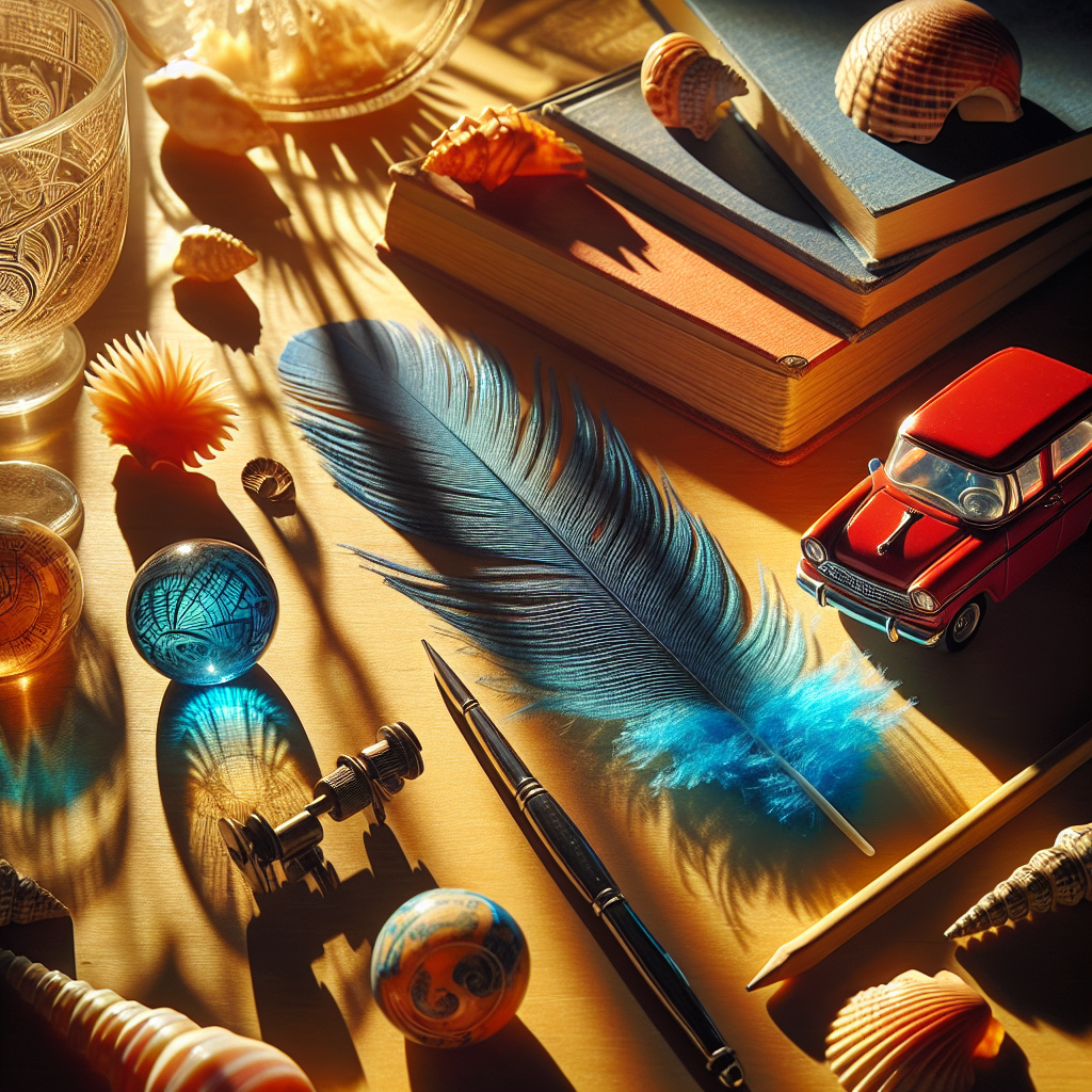 A collection of diverse objects like a feather, a toy car, and a shell on a table