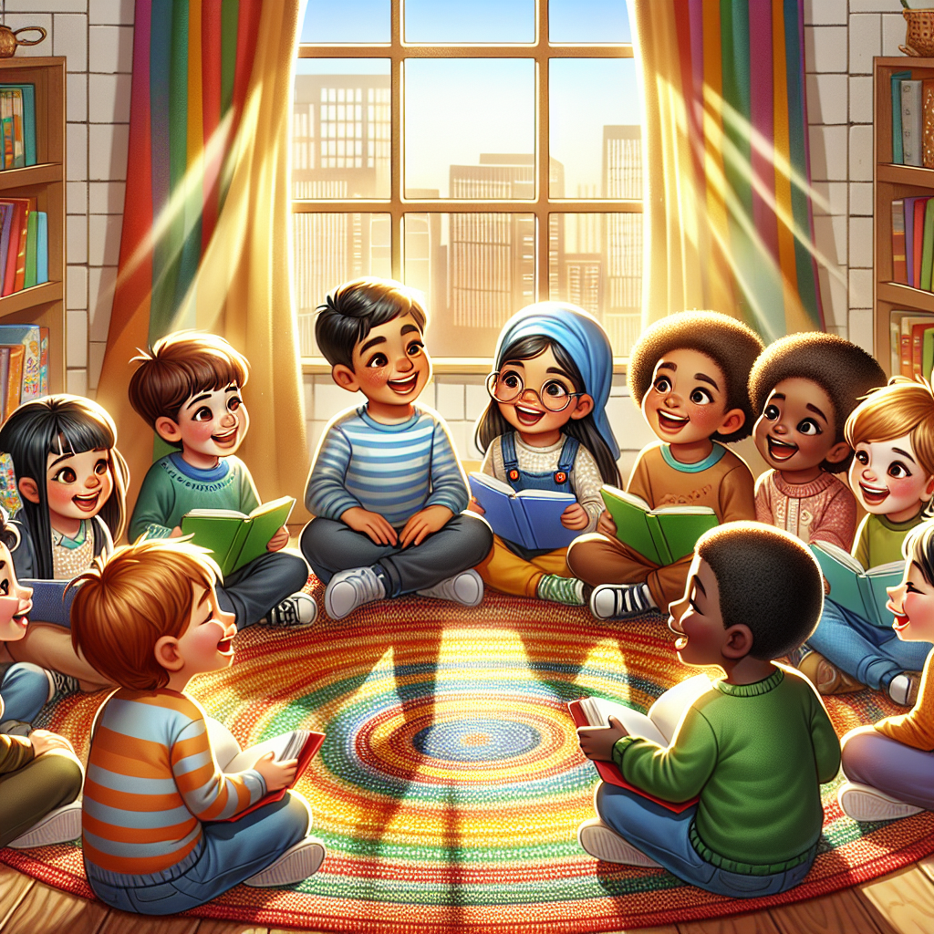 A happy group of children sharing their stories with smiles and laughter