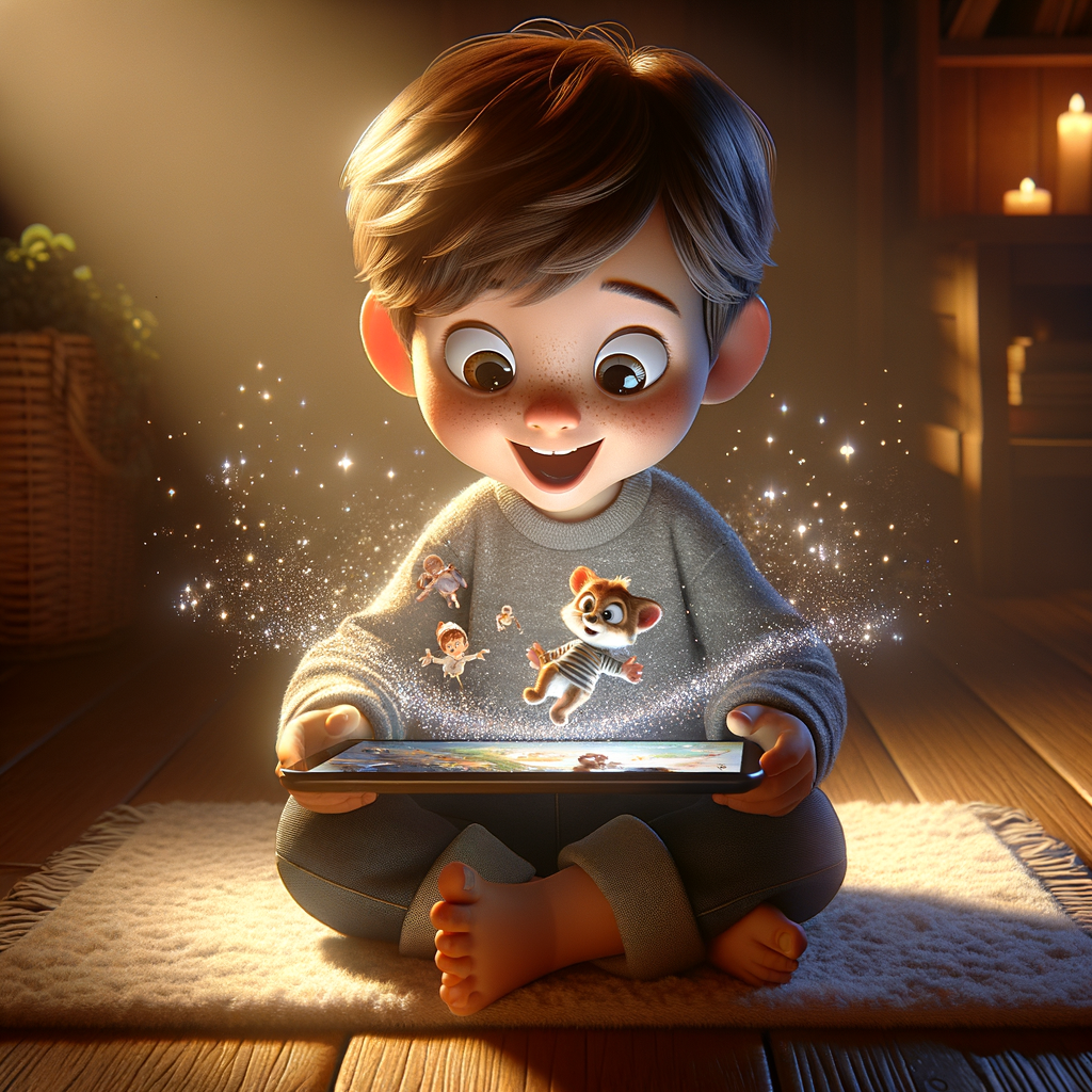 A child holding a tablet with an animated reading app displayed