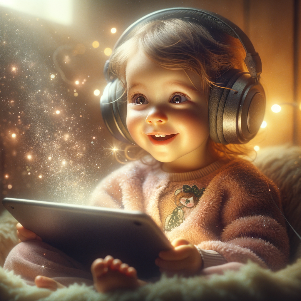 Child with headphones, enjoying an audiobook from the Tales2go app