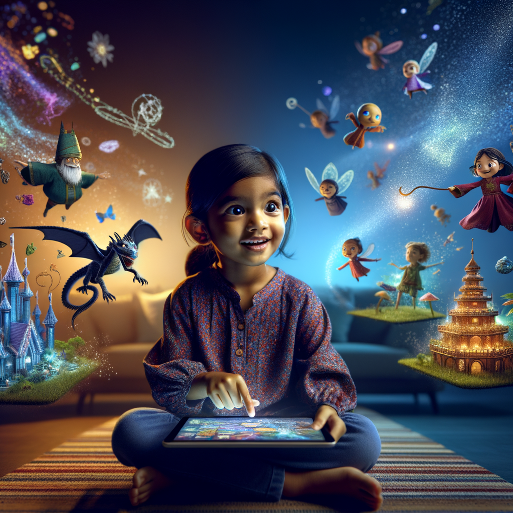 A child using an AI app on a tablet, surrounded by colorful illustrations of story elements