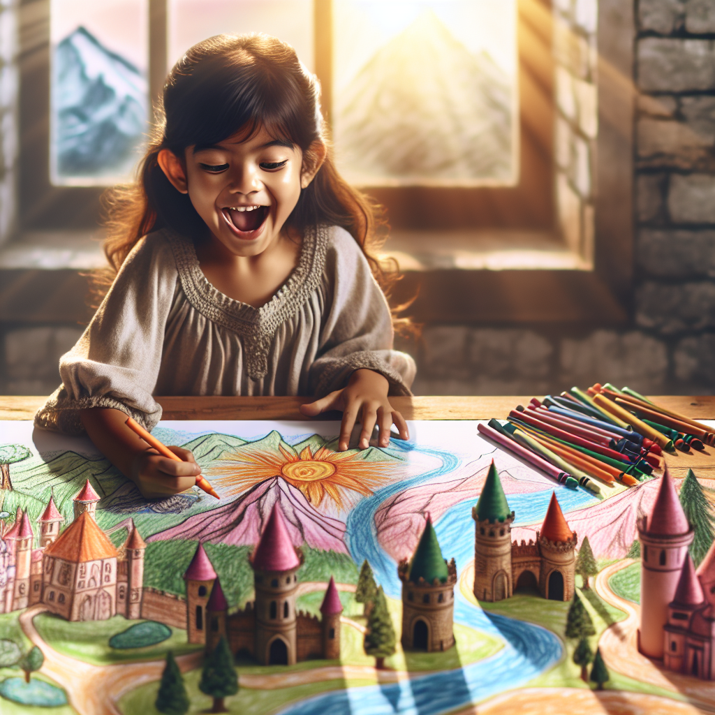 A child sitting at a table, drawing a fantastical map with mountains, rivers, and castles