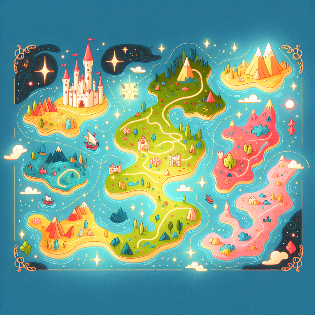 A hand-drawn map with colorful lands, oceans, and landmarks