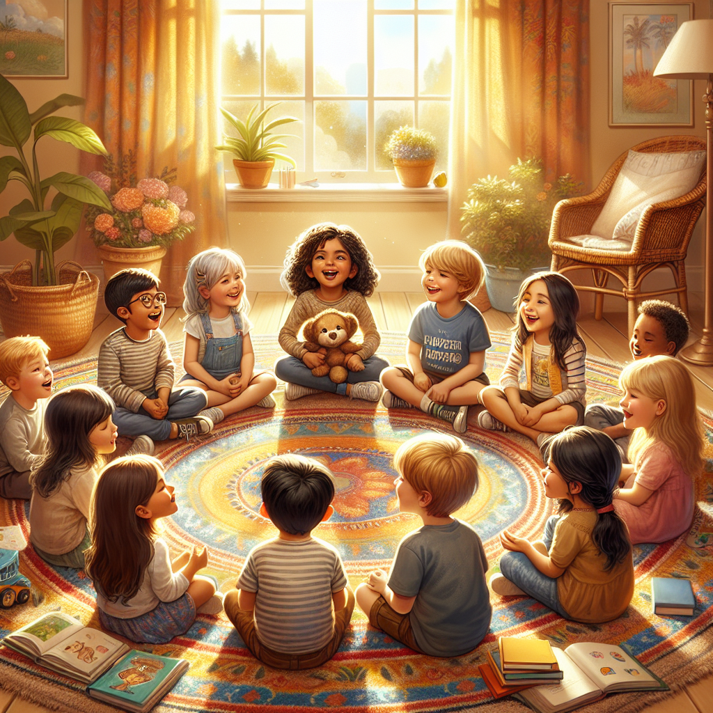 A group of children sitting in a circle, sharing their stories and laughing