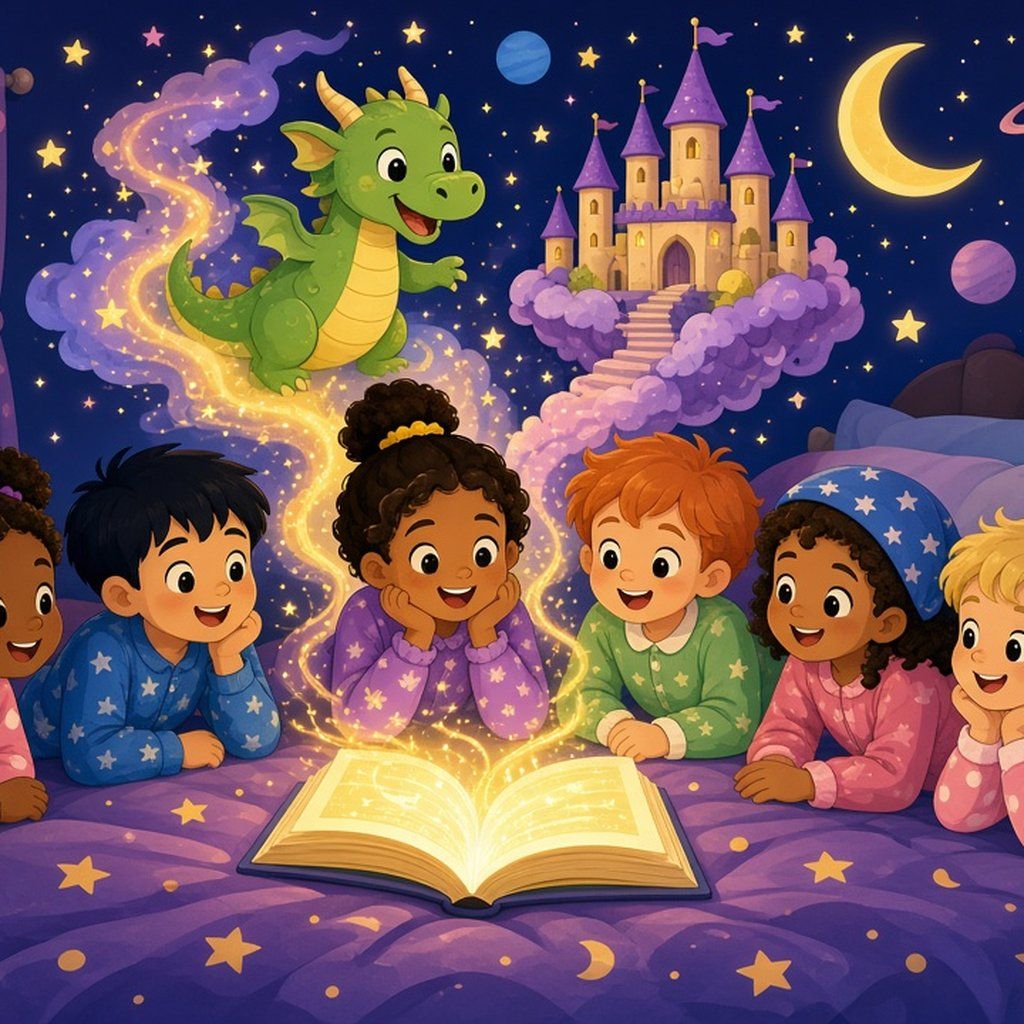 Colorful flat illustration of children in pajamas gathered around a glowing storybook at bedtime, with a friendly dragon, castle, stars and moon swirling out of its pages.