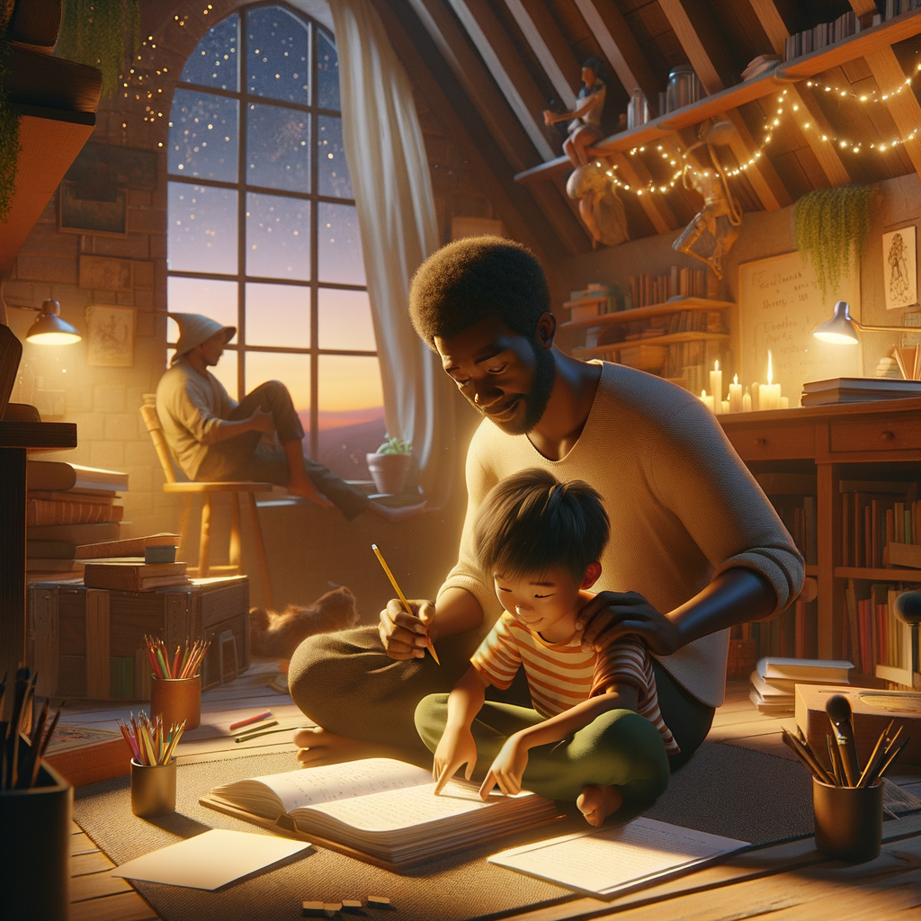 "Colorful illustration depicting a homeschool literacy program with elements of reading comprehension and writing exercises."